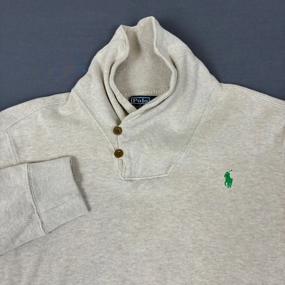 Polo Ralph Lauren Beige Tan Shawl Collar Sweater Men's Size Medium Green Pony